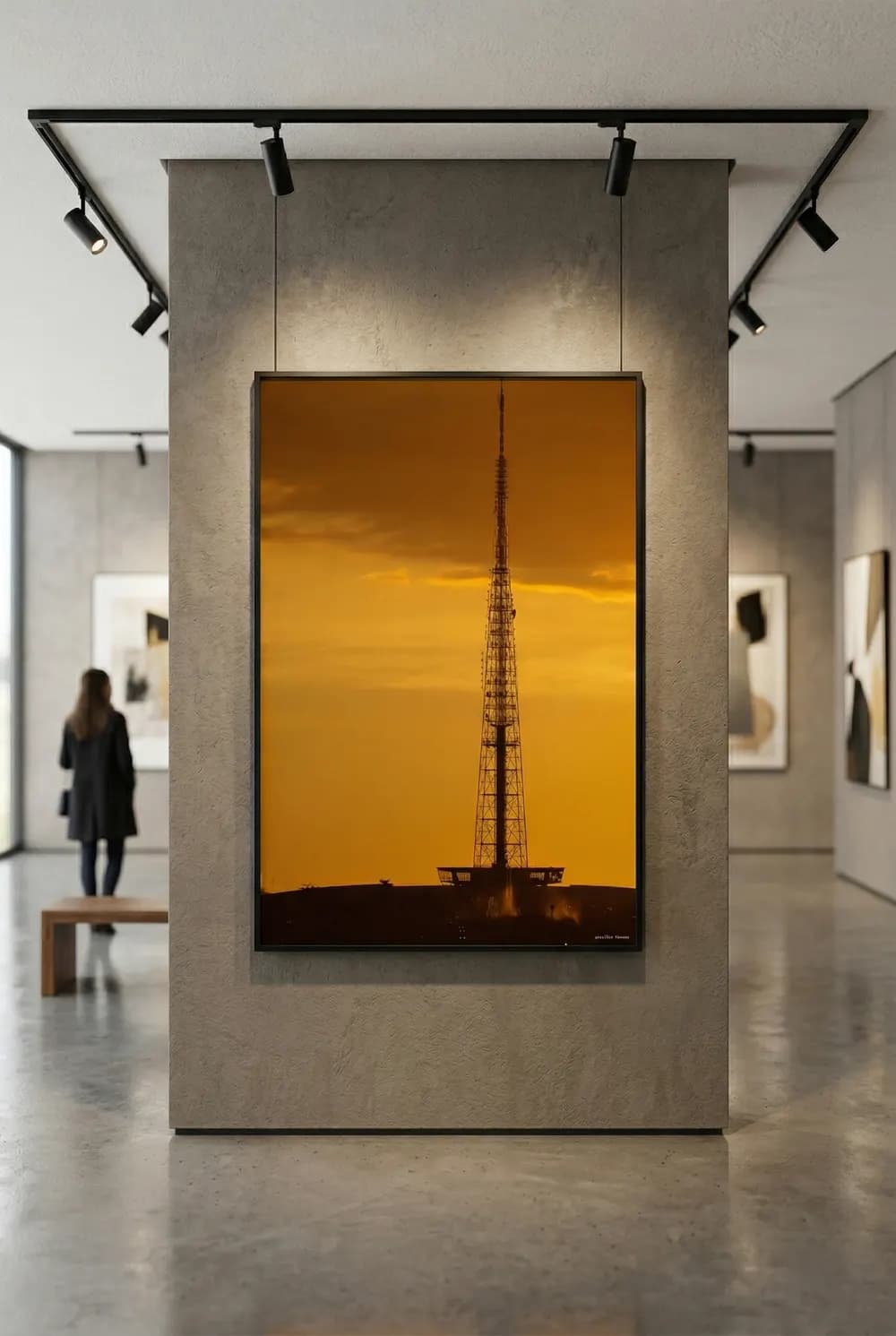 Quadro da Torre de TV de Brasília ao pôr do sol, exposto numa galeria